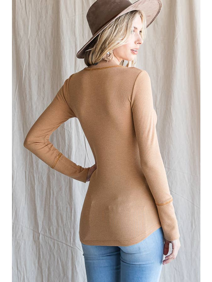 7th Ray - Wholesale Knit Top - Women's - Solid Thermal Knit Button Front Long Sleeve Top  T431613
