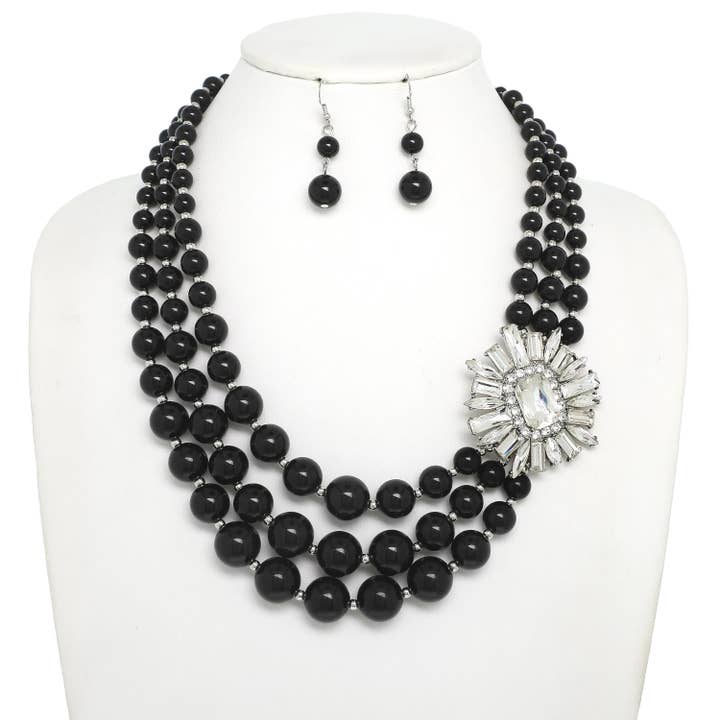 SP Sophia Collection - Wholesale Jewelry Set - 3 Line Gemstone Floral Brooch Pearl Pearl Necklace Set2