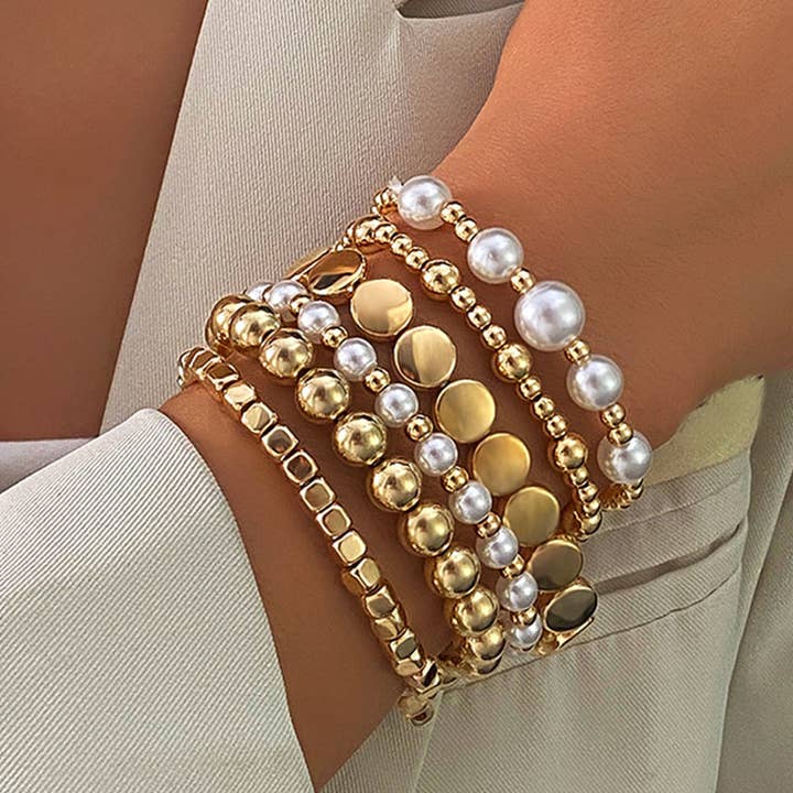Gold Minimalist Pearl Beaded Multi Layer Elastic Bracelets for wholesale on Faire