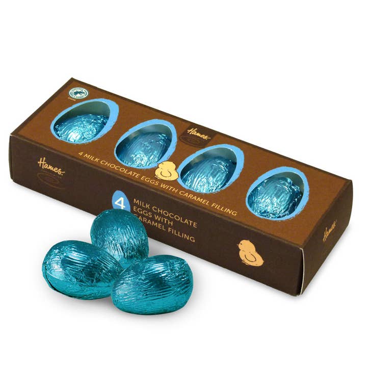 UK ONLY. 4 Milk Chocolate Caramel Filled Easter Eggs. for wholesale by Hames Chocolates