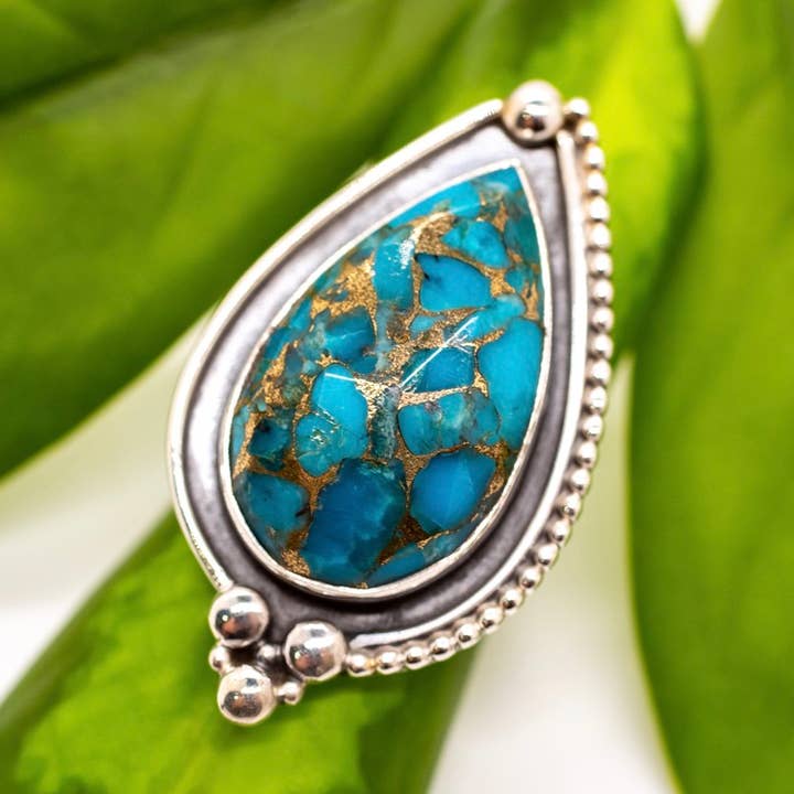 Sterling sølv kobber turkis vestlig blomsterring for engroshandel hos Baizaar