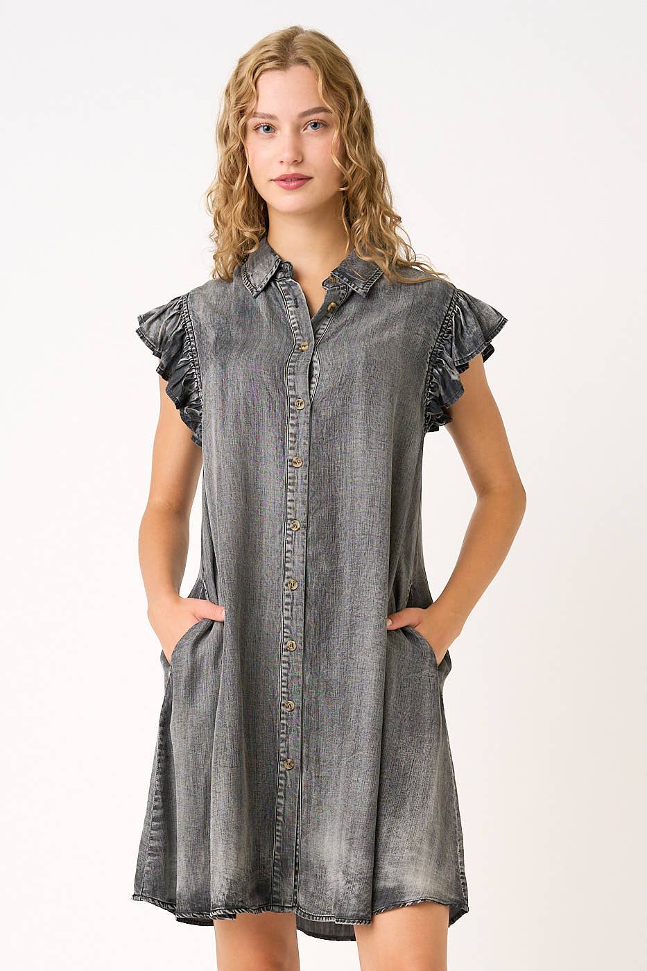 mittoshop - Wholesale Dress - Women's - WASHED CHAMBRAY RUFFLE SLEEVE BUTTONED MINI DRESS11