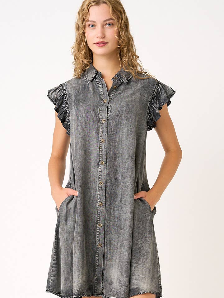 mittoshop - Wholesale Dress - Women's - WASHED CHAMBRAY RUFFLE SLEEVE BUTTONED MINI DRESS11