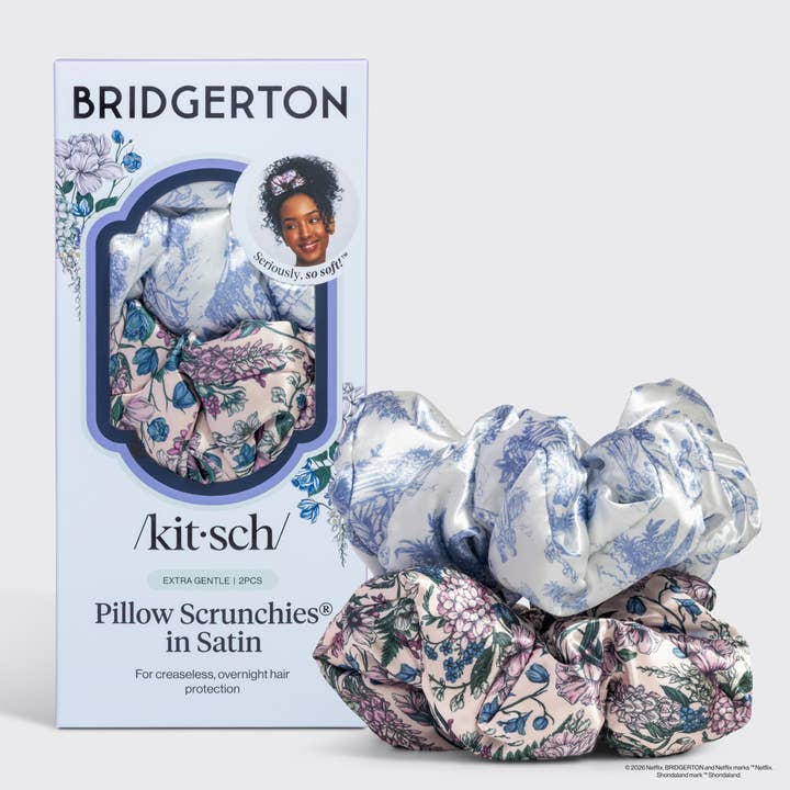 Bridgerton x Kitsch Satin Pillow Scrunchies® in Toile in Bloom for wholesale by KITSCH