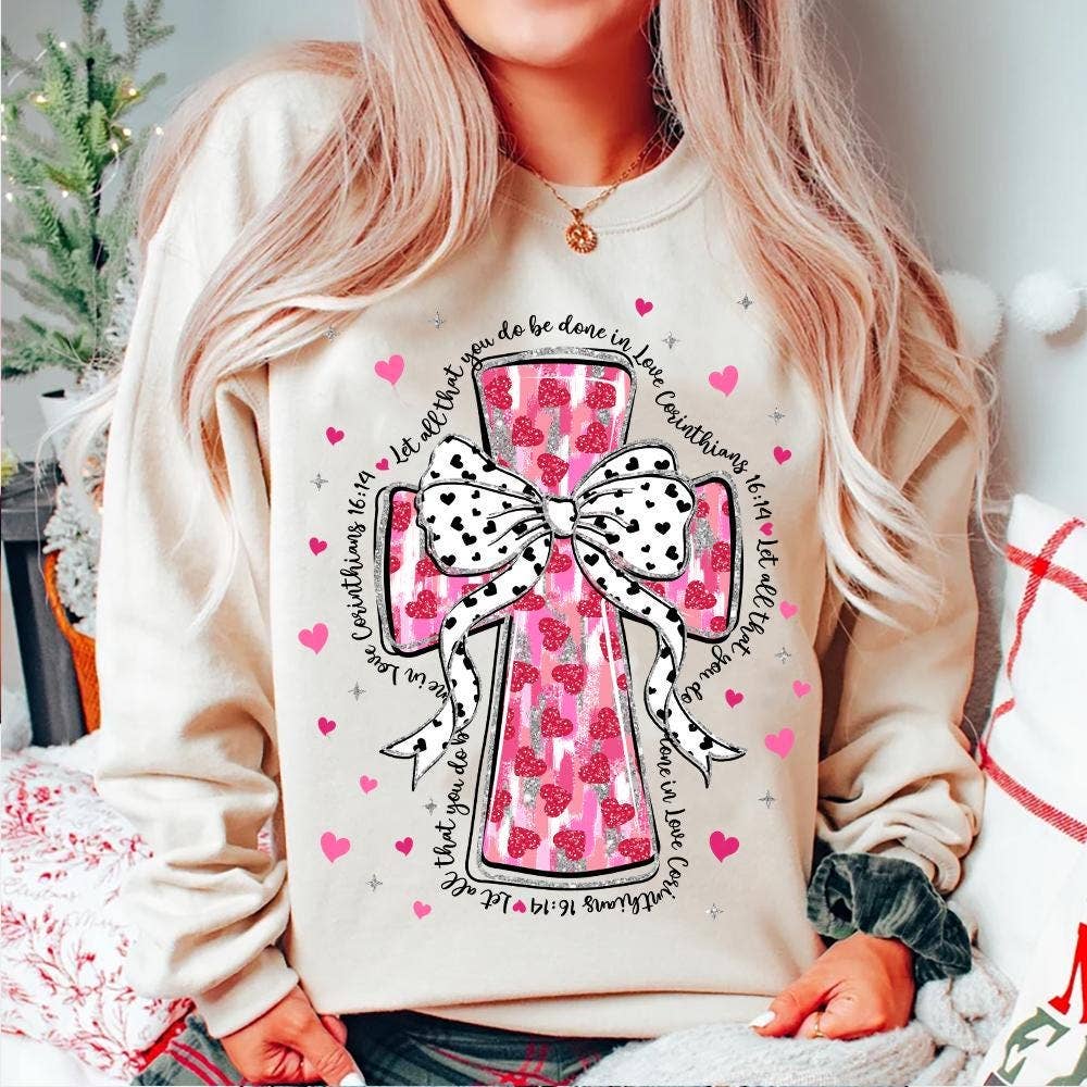 NVC Ecommerce LLC - Wholesale T-Shirt (Graphic) - Women's - Pink Brushstroke Cross Glitter Tee, Jesus valentine Sweater1