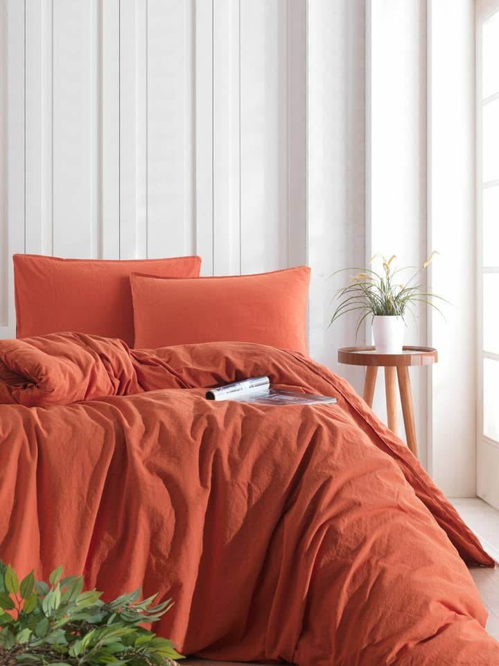 Stonewashed katoenen dekbedovertrekset, Burnt Orange voor wholesale door Soundsleep