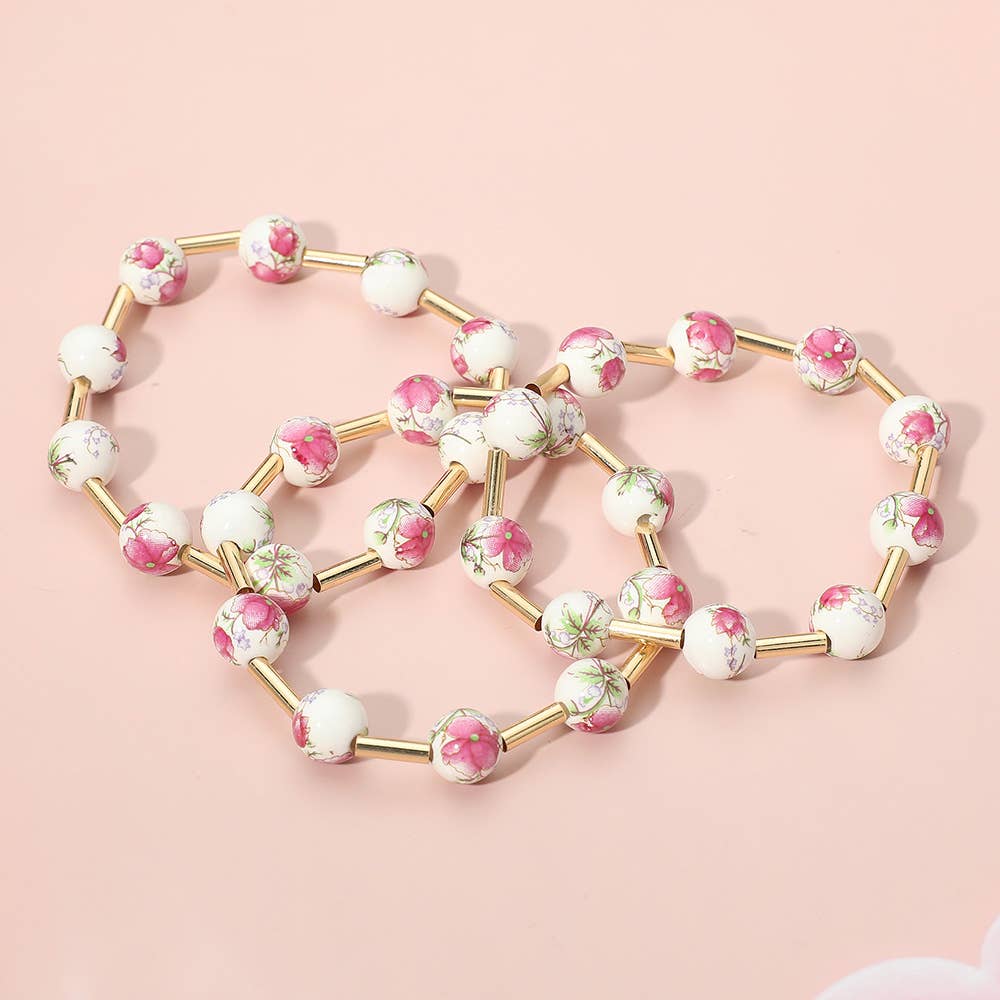 Sensibling Corp. - Wholesale Beaded Bracelet - 3PCS - Floral Ceramic Ball Beaded Stretch Multi Layered Bracelets6