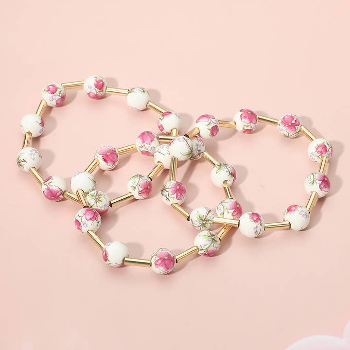 Sensibling Corp. - Wholesale Beaded Bracelet - 3PCS - Floral Ceramic Ball Beaded Stretch Multi Layered Bracelets6