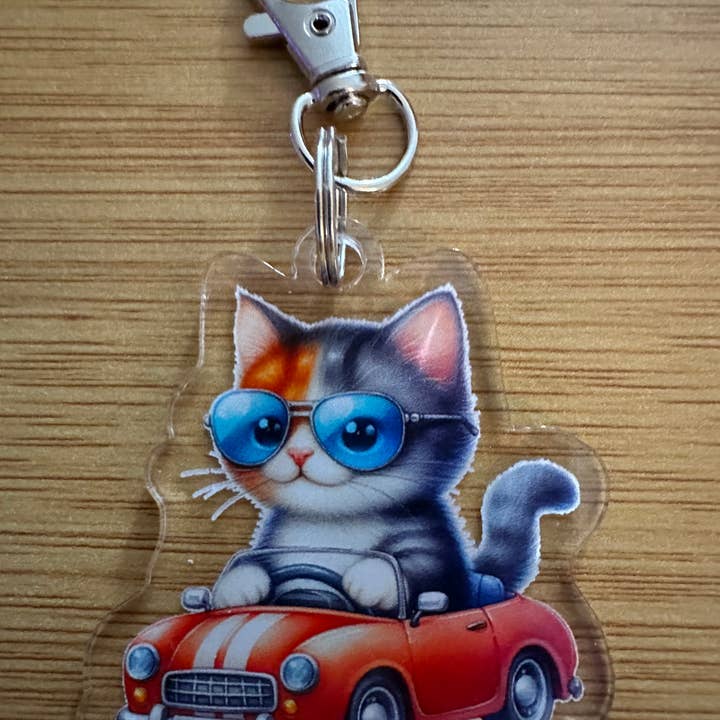 Hot Rod Kitty Cat acrylic keychain single sided for wholesale by Forever Yours, Me