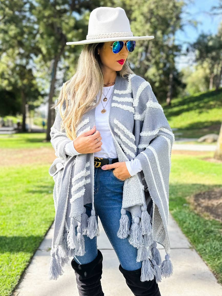 Grey Western Textured Pattern With Chunky Tassel Cardigan for wholesale on Faire1