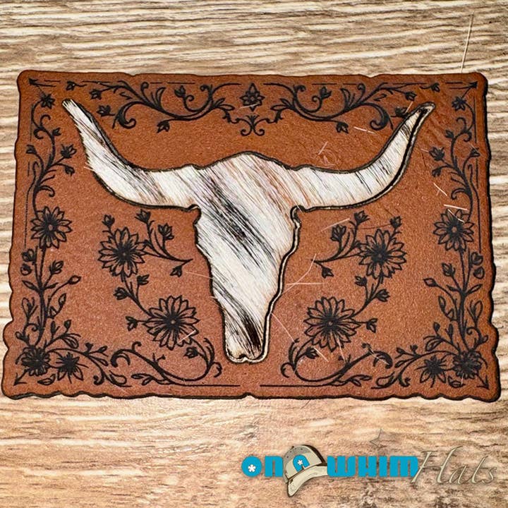 Bull-Headed Genuine Cowhide and Leather Iron-On Patch for wholesale by On a Whim Hats