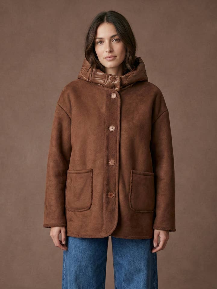 Giacca in pelle di pecora con cappuccio imbottito PV2587 per la vendita all'ingrosso da parte di Pépouz' Paris