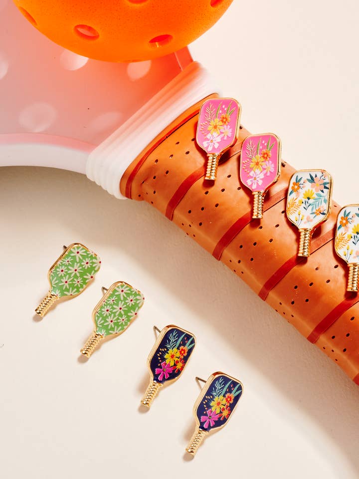 1 Inch Pickleball Paddle Enamel Pattern Earrings for wholesale by Designature New York