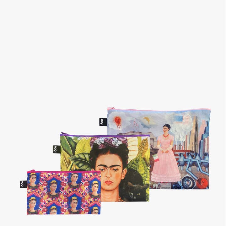 LOQI - Venta al por mayor Bolsa pequeña - Unisex - FRIDA KAHLO Autorretrato en la frontera, Autorretrato con colibrí, El marco bolsillos reciclados con cremallera