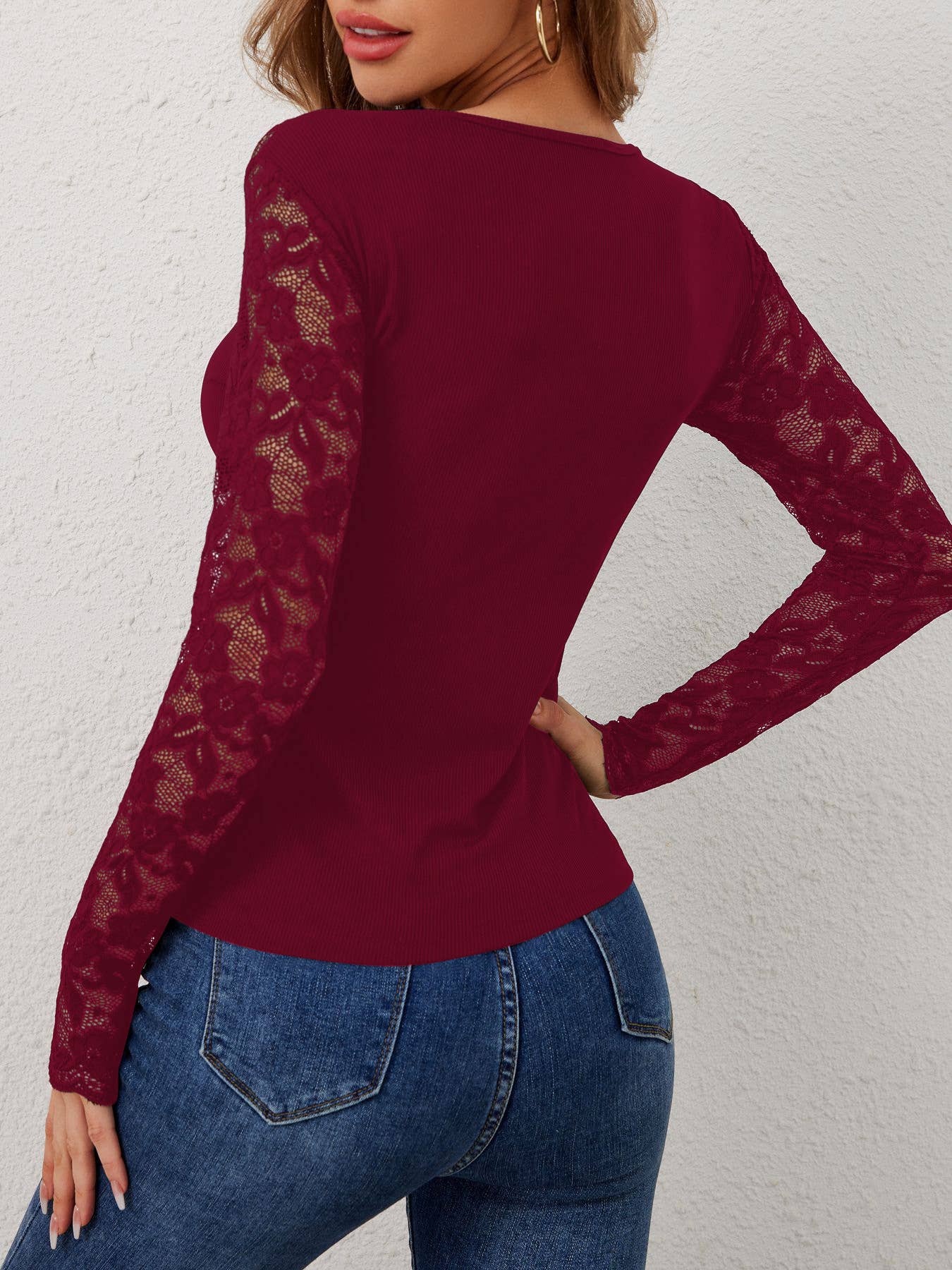 Lily Clothing - Wholesale Blouse - Women's - V-neck lace long-sleeved solid color slim T-shirt10