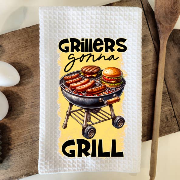 Torchon à vaisselle en tissu gaufré Grillers Gonna Grill pour la vente par Prairie Chicken Sticker Shop & Gifts