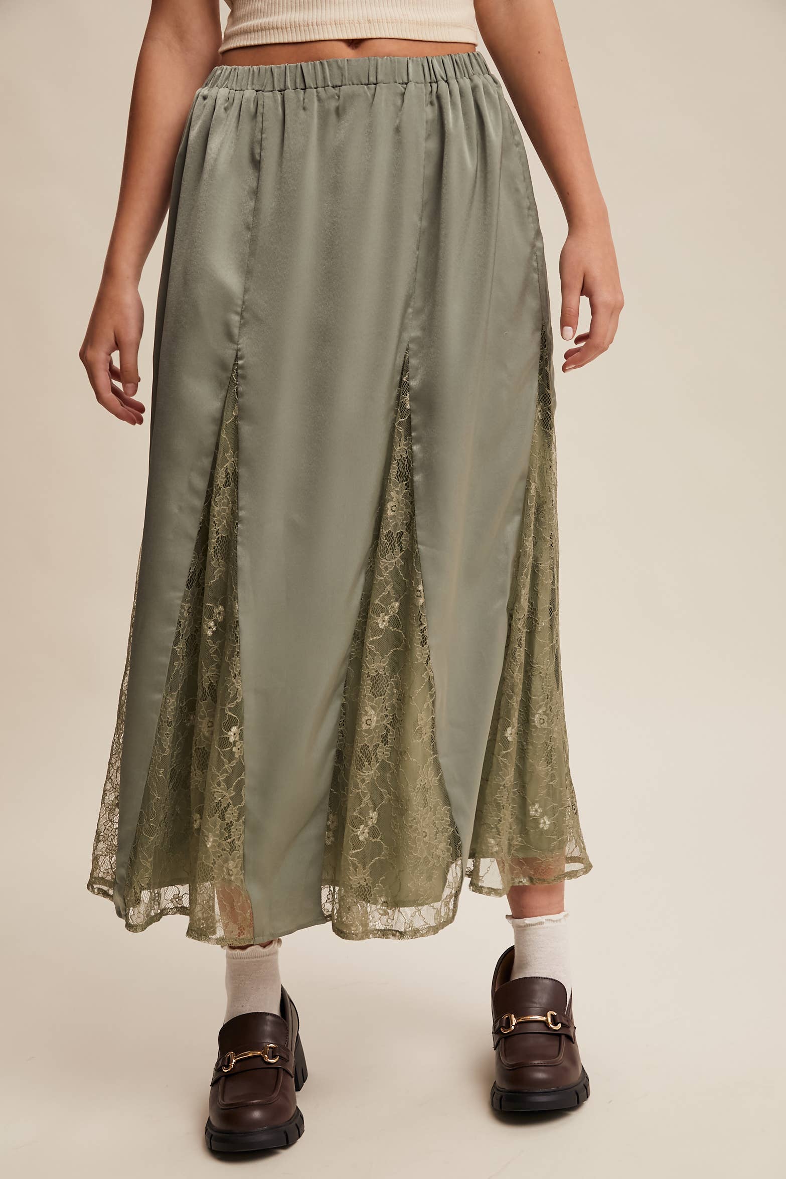 Listicle – wholesale Skirt – Women’s – Lace Inset Satin Midi Skirt LSK027215
