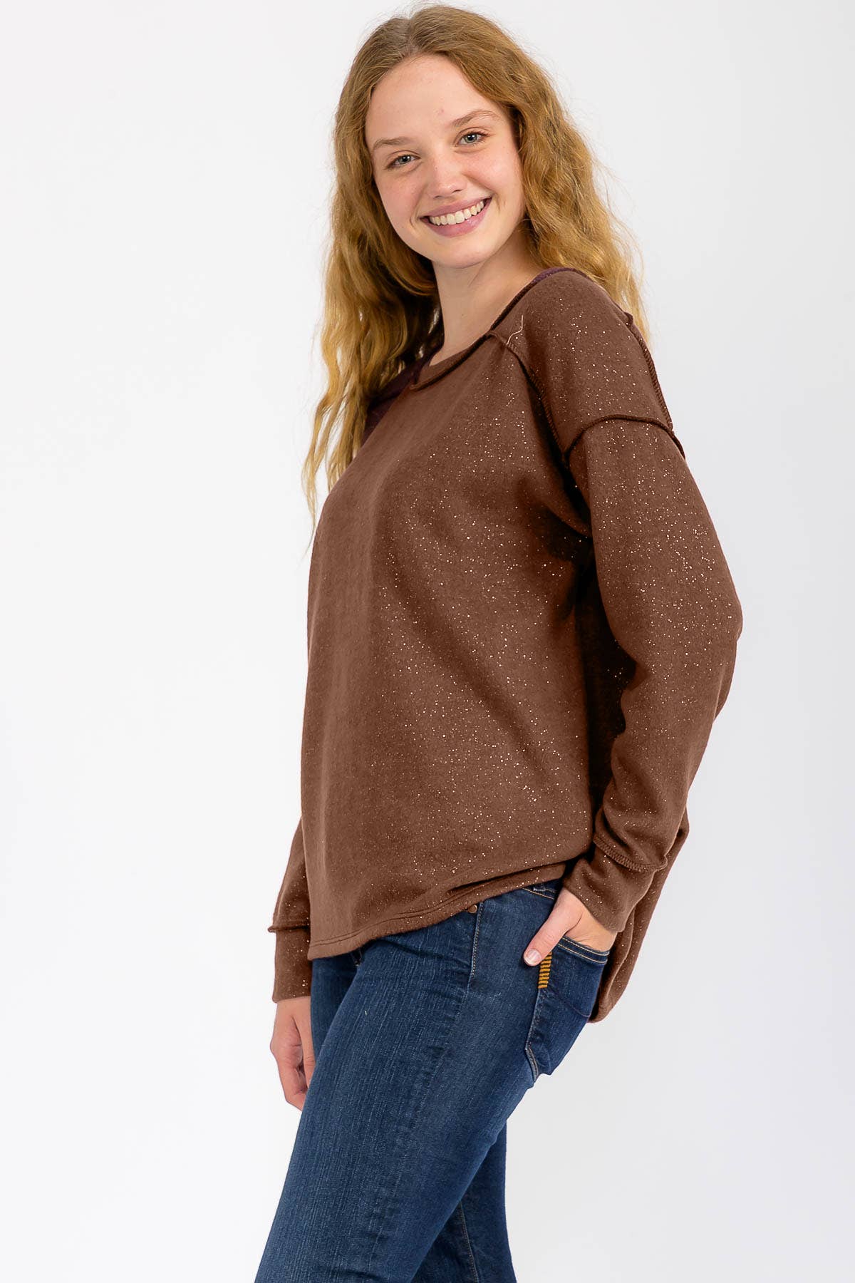7th Ray - Vendita all'ingrosso Felpa - Donna - Top Pullover con Accenti Glitterati in Metallo Morbido Spazzolato T60469
