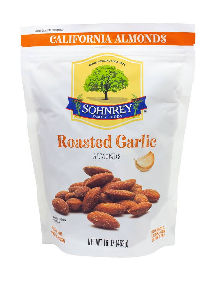 Roasted Garlic Almonds 1 lb for wholesale by Sohnrey Family Foods LLC