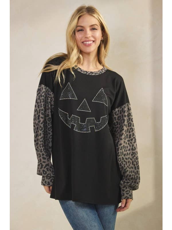 Sunday Morning - Wholesale Tunic - Women's - T0677HE12-Rhinestone Pumpkin Animal Contrast Top2