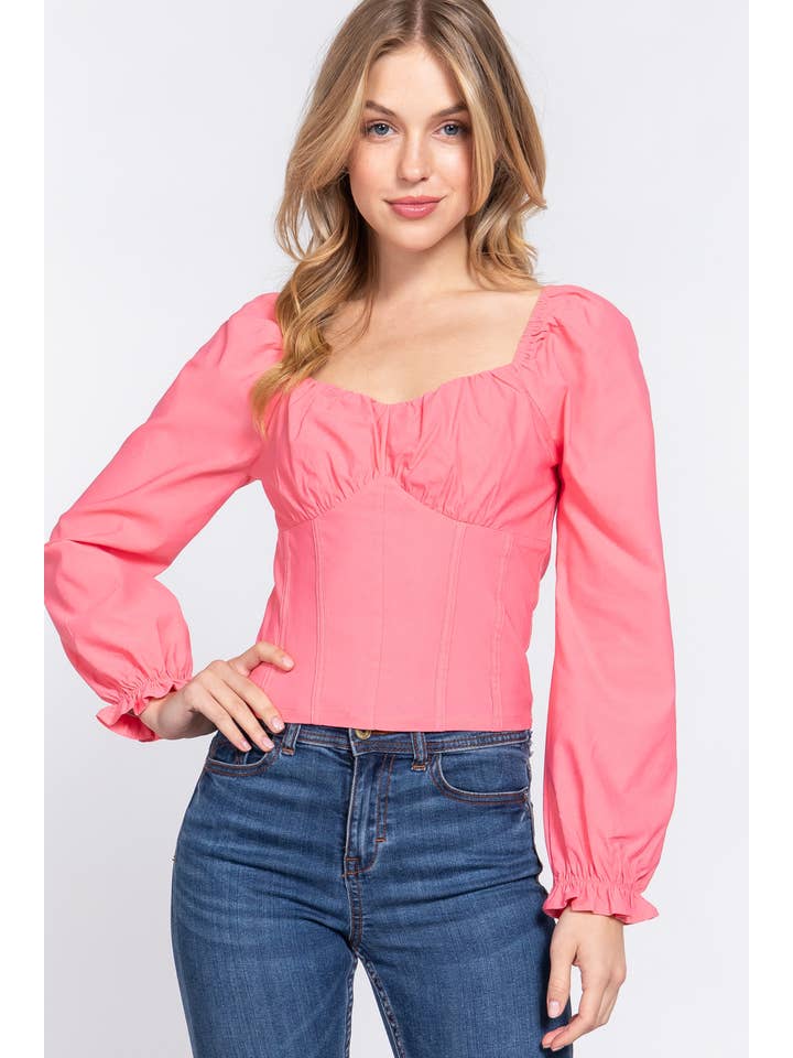 Active Basic | Active USA - Wholesale Blouse - Women's - Long Sleeve Sweetheart Neckline Stretch Bustier Top