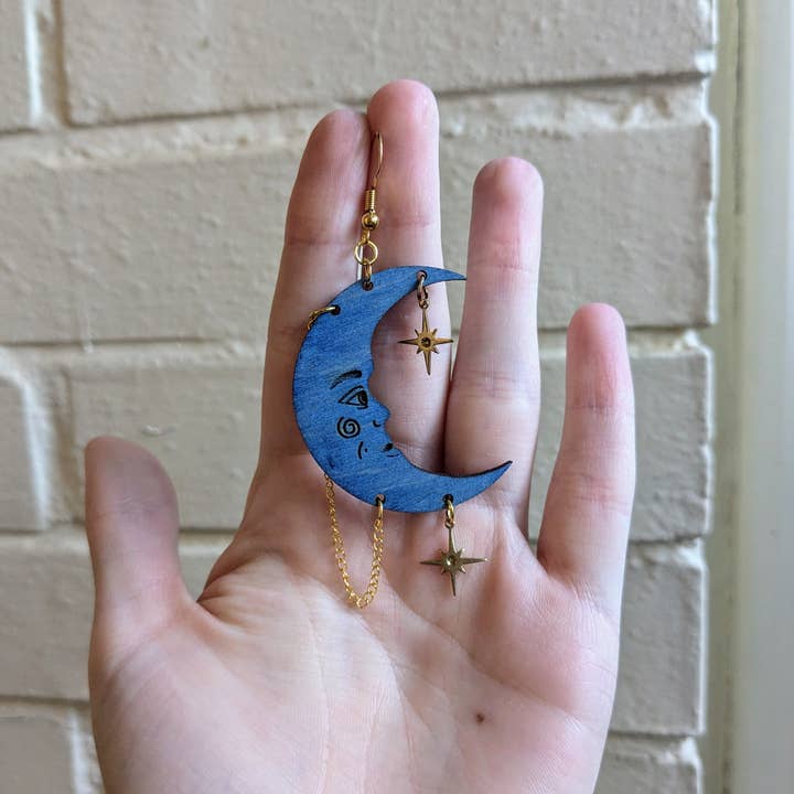 Stag and Branch - Wholesale Dangle Earrings - Blue Celestial Cresent Moon With Stars Large Statment Dangle