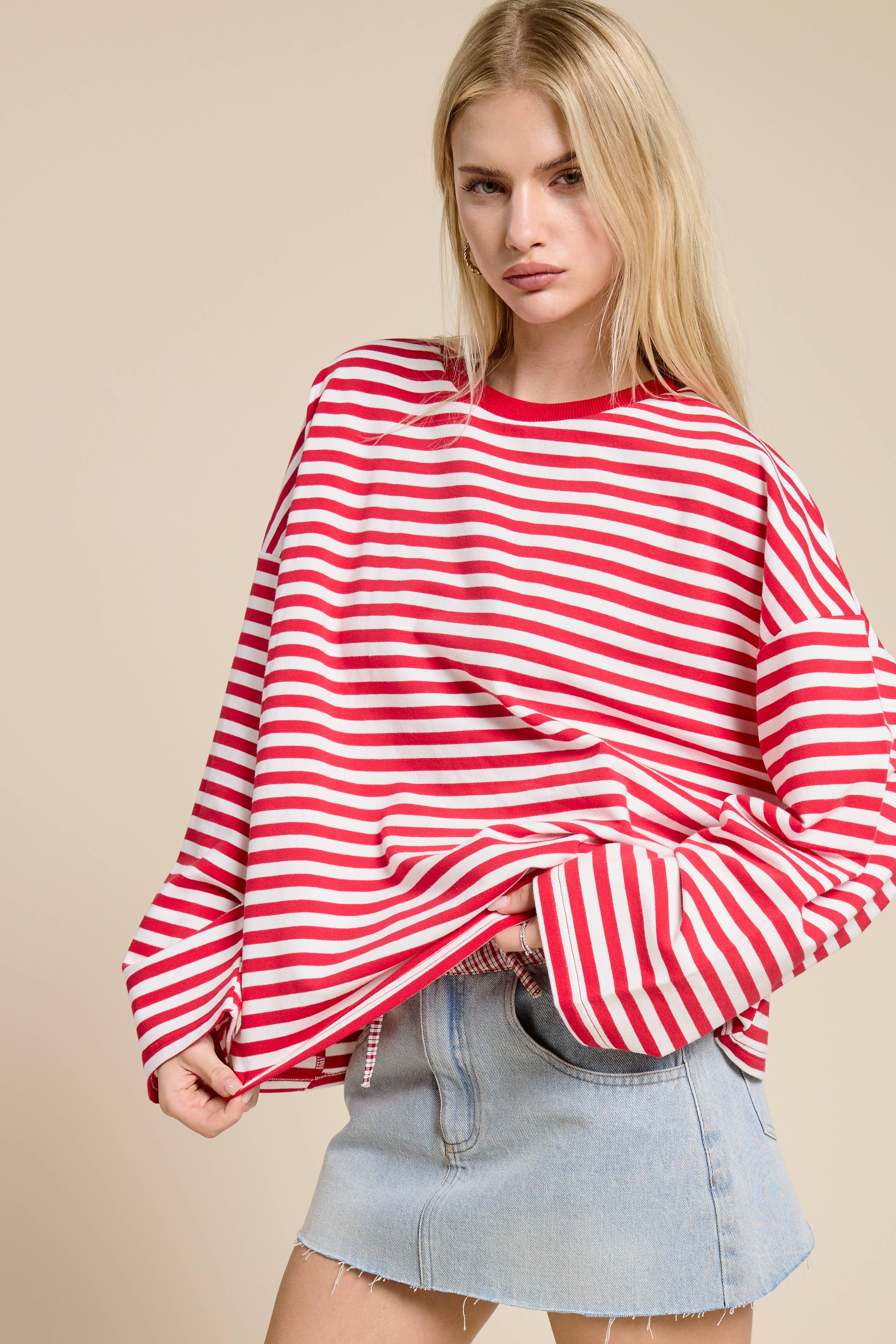Mimosa - Wholesale Knit Top - Women's - Striped Terry Oversized Long Sleeve Top8