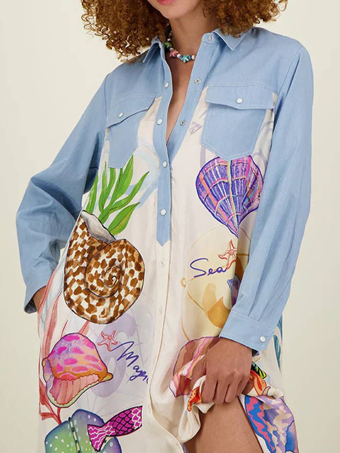 Blue Sea Animal Print Shirt Dress JRM085 for wholesale on Faire