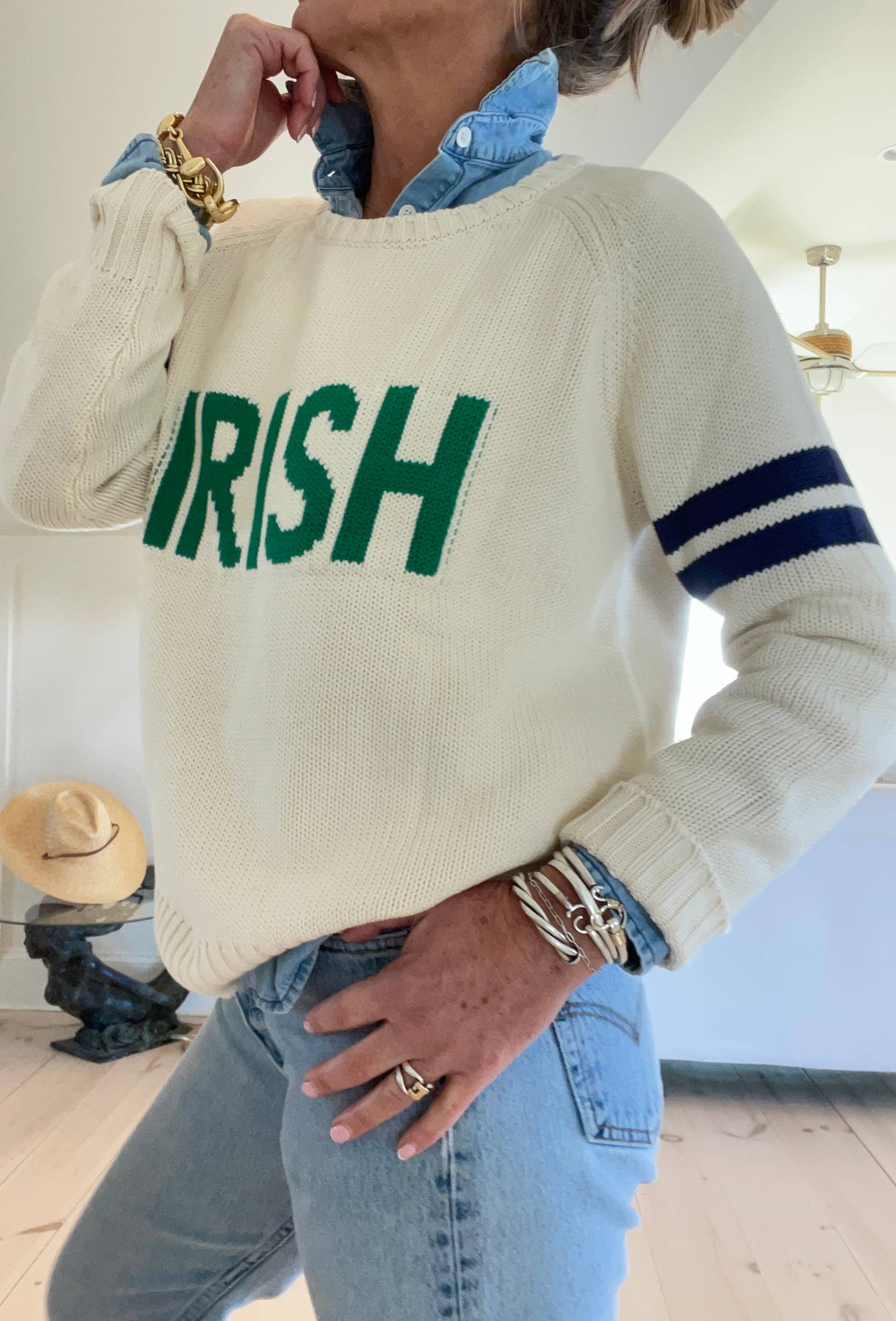 Pink Pineapple - Wholesale Knit Sweater - Women's -  IRISH Campus Sweater with Navy Stripes 1