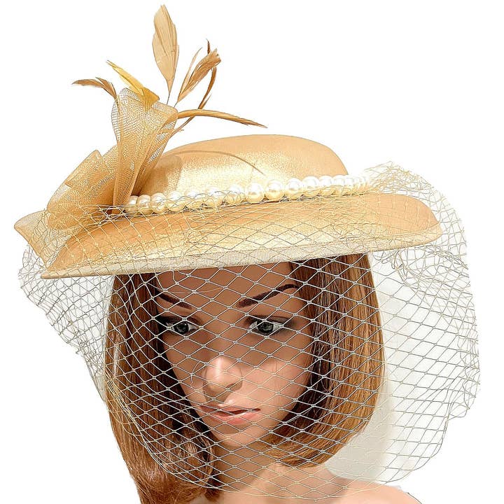 Diacly - Wholesale Fascinator Hat - Women's - Front Veil Bold Pearls Satin Fascinator Hat