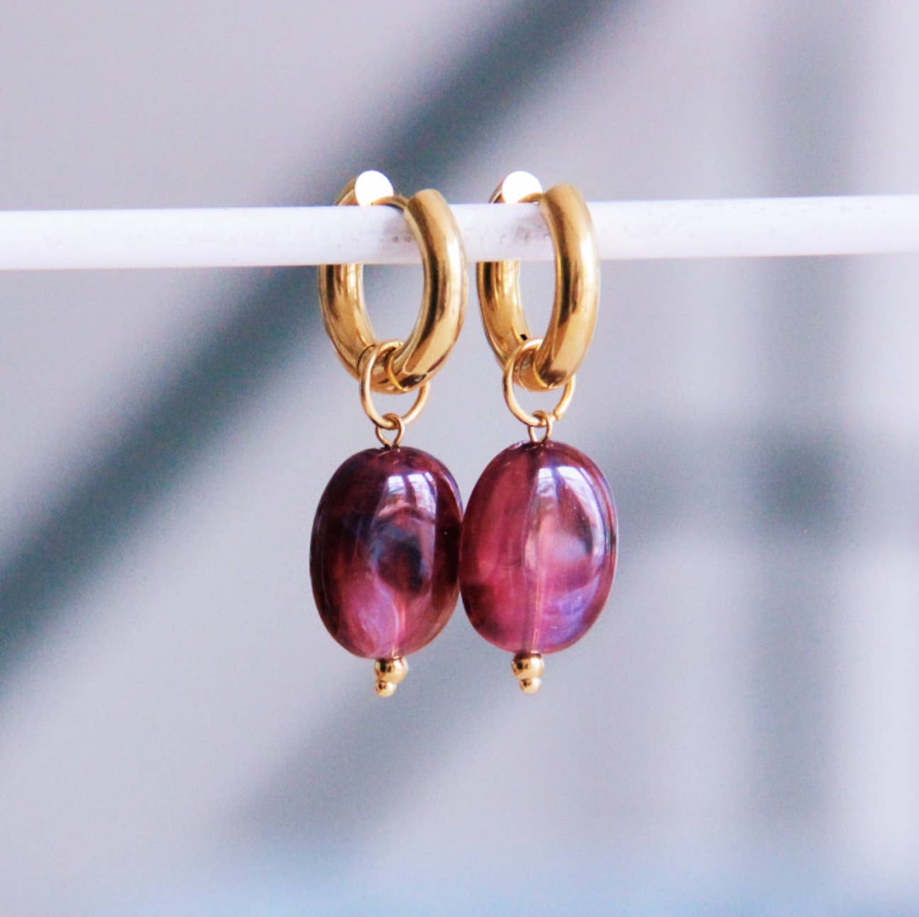 Bazou - Wholesale Dangle Earrings - Wide hoop with oval resin pendant - purple