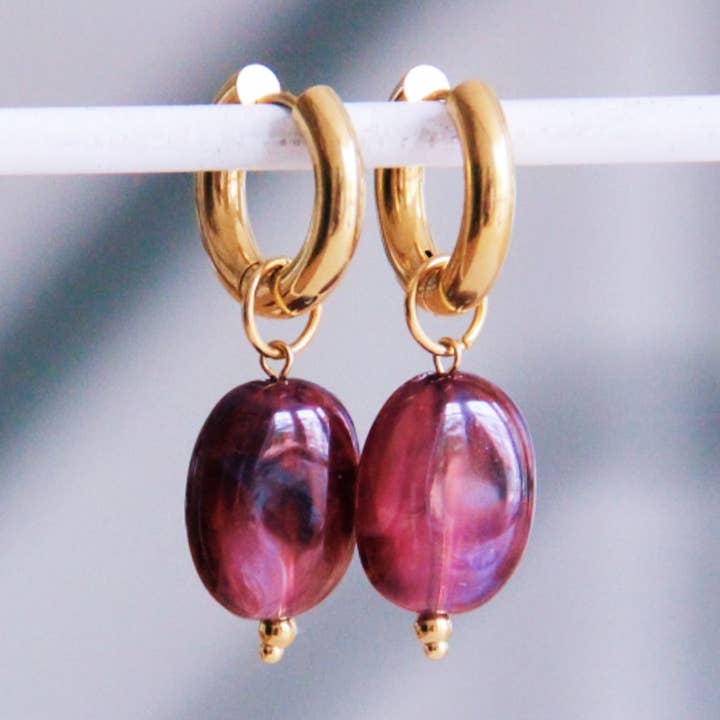 Bazou - Wholesale Dangle Earrings - Wide hoop with oval resin pendant - purple0