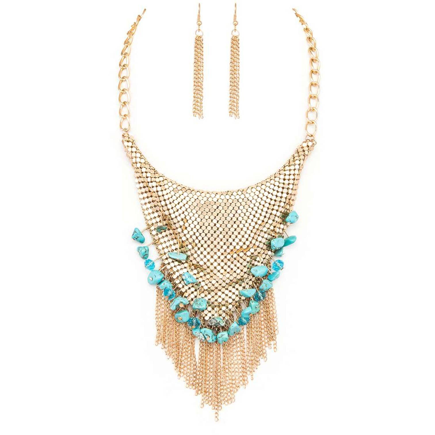 Rope & Spurs - Wholesale Jewelry Set - Chainmail Bib Stone Nuggets Fringe Chain Statement Necklace3