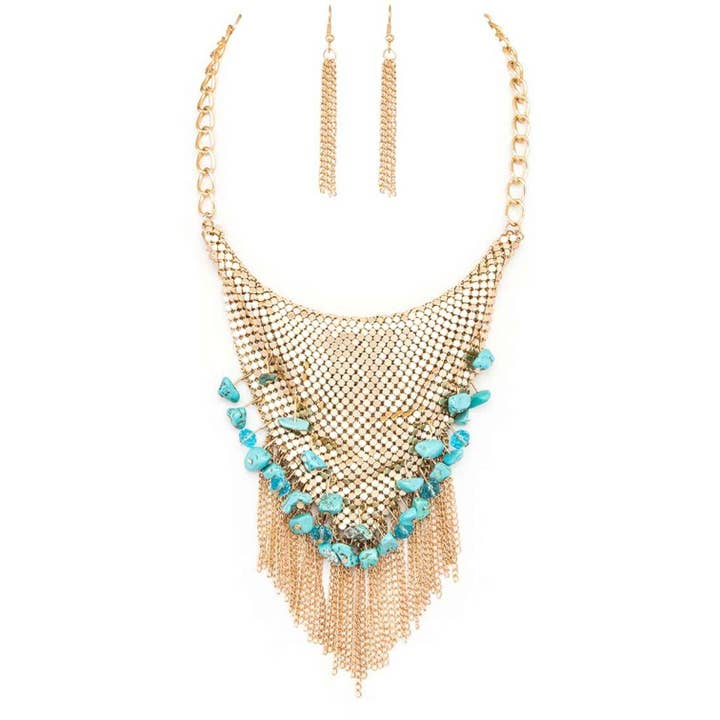 Rope & Spurs - Wholesale Jewelry Set - Chainmail Bib Stone Nuggets Fringe Chain Statement Necklace3