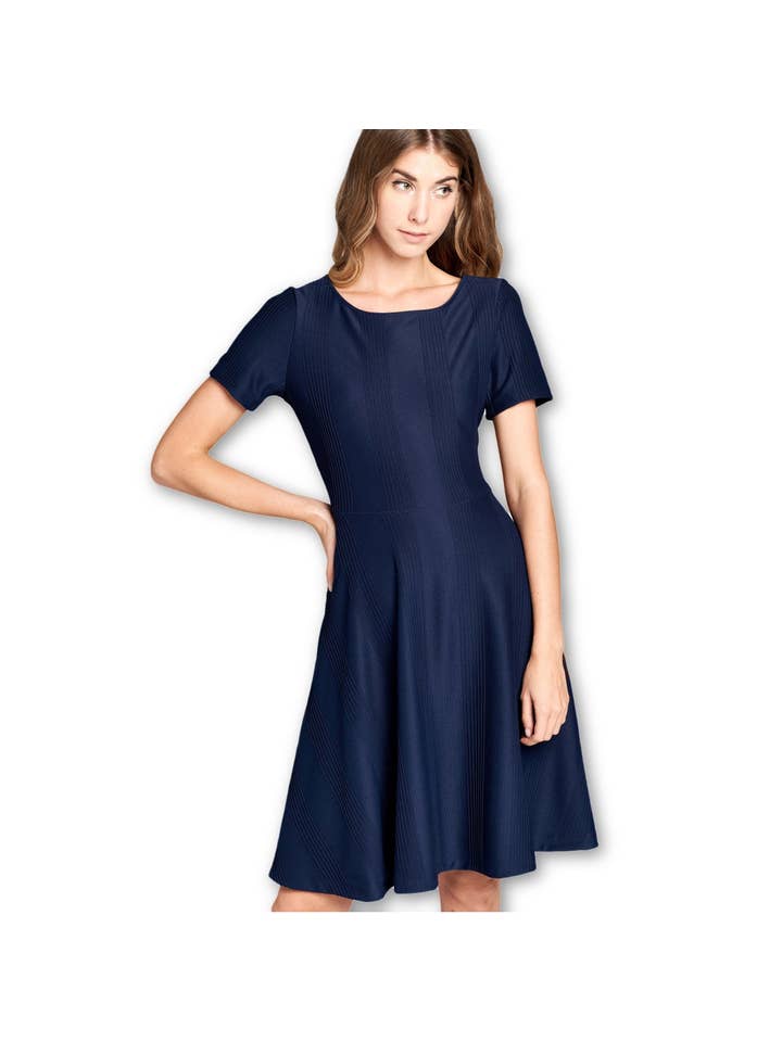 LKLUV - Wholesale Dress - Women's - Made in USA - Multi Print Boat Neckline Modern Dress - Navy