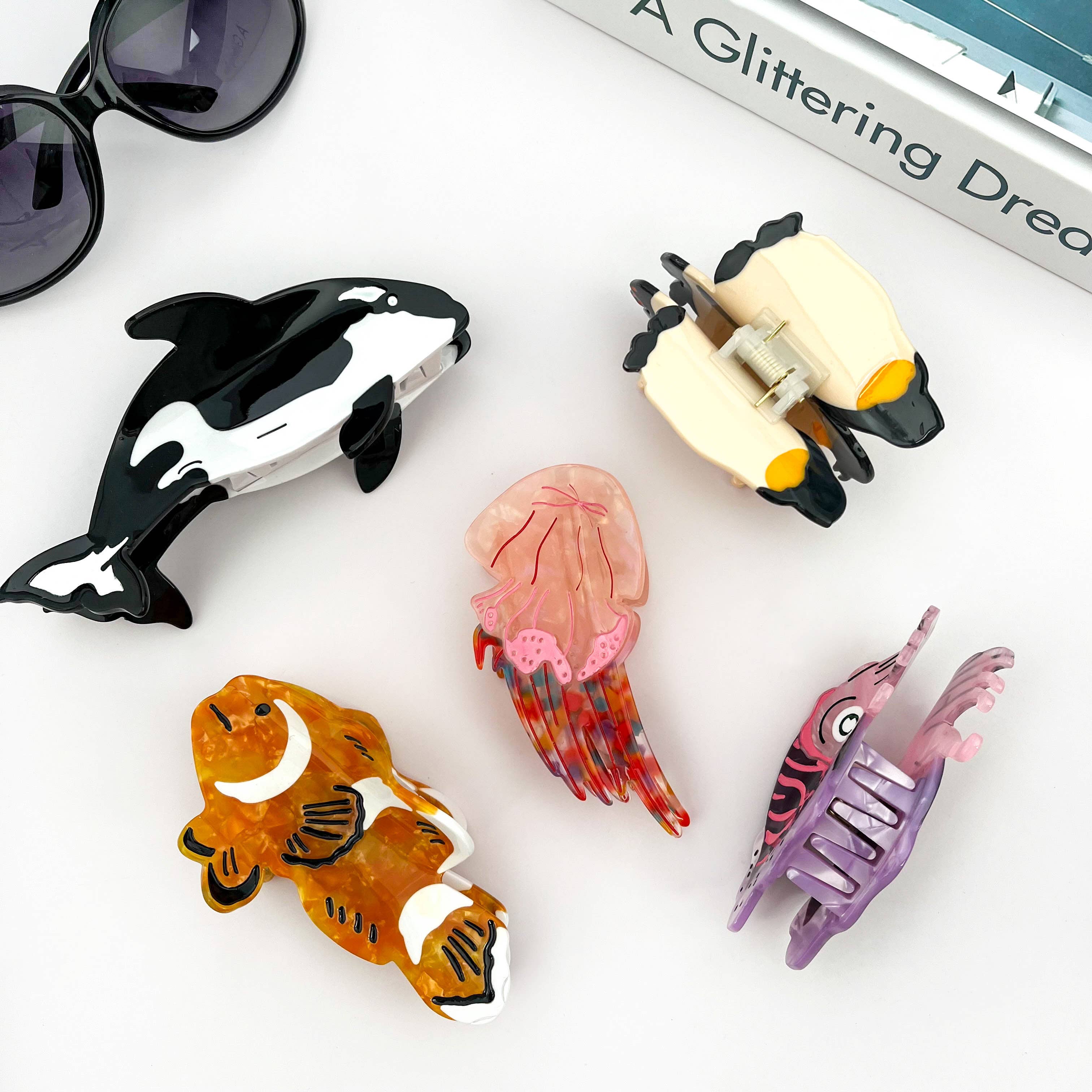 SoapElenGlen - Vendita all'ingrosso Fermaglio per capelli - Donna - Fermaglio per capelli in acetato vita marina, fermaglio a forma di calamaro e medusa.7