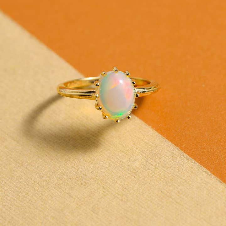 Tiramisu - Wholesale Single Stone/Solitaire Ring - Gold Plated Silver Ethiopian Opal Topaz Mistlight Crest Ring1