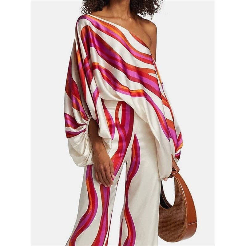 UZ Wholesale Store - Wholesale Top & Pant Set (NOT Loungewear) - Women's - Printing Boat Neck Balloon Sleeve Top And Wide Leg Pants Two Pieces Suits1