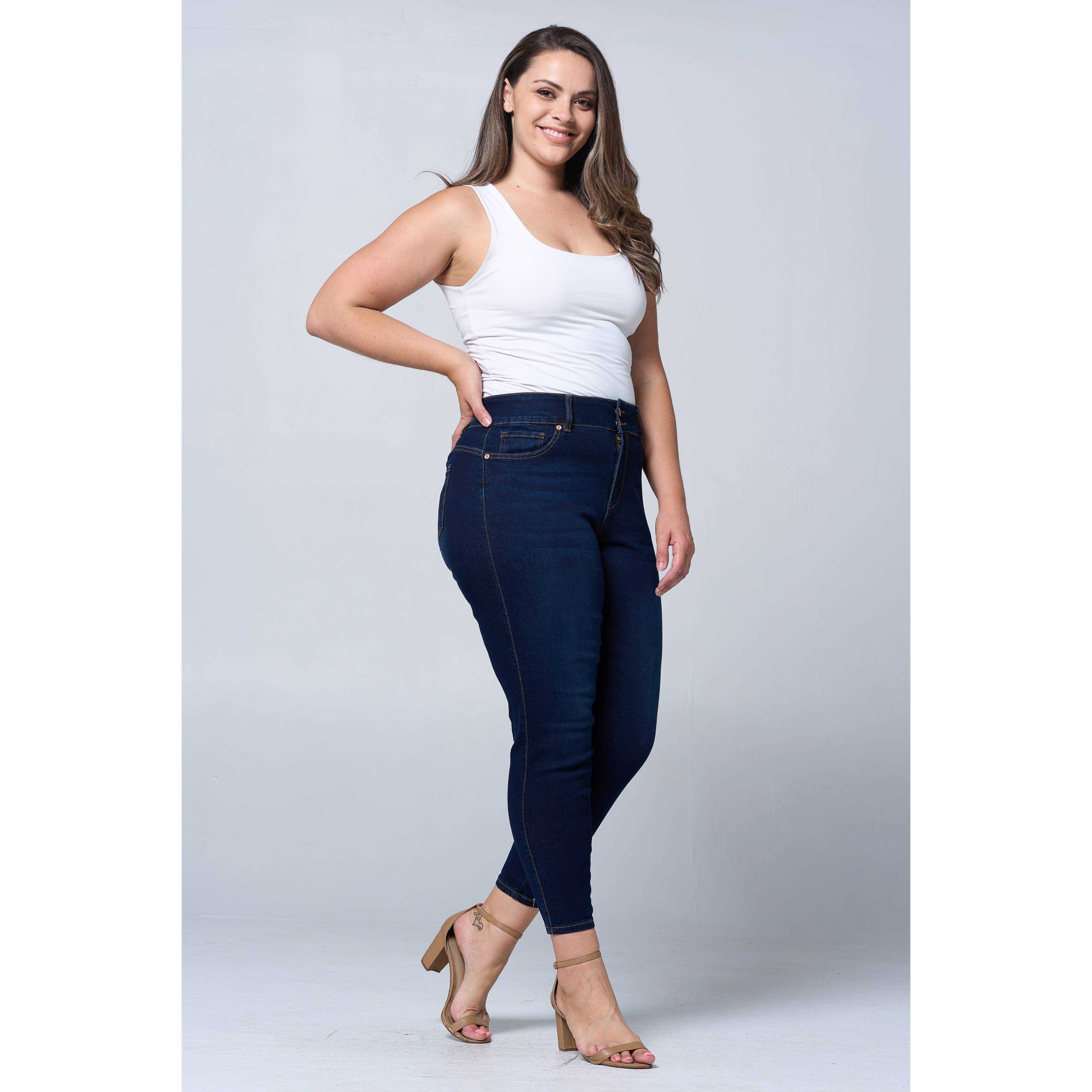 Donkerblauw Plus Size Skinny Jeans met Buikcorrigerende Taille en Lifting voor de Billen PH3502X Donkerblauw voor groothandel op Faire3