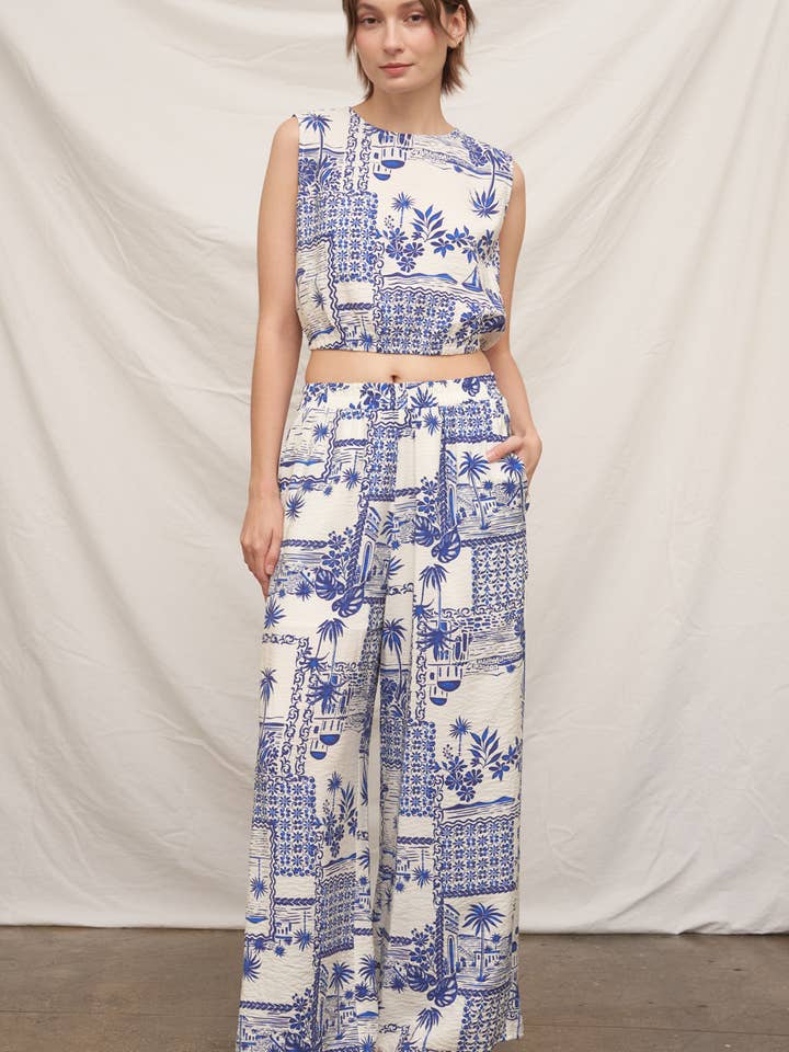 Pantalon large à taille élastique imprimée pour la vente par En Crème