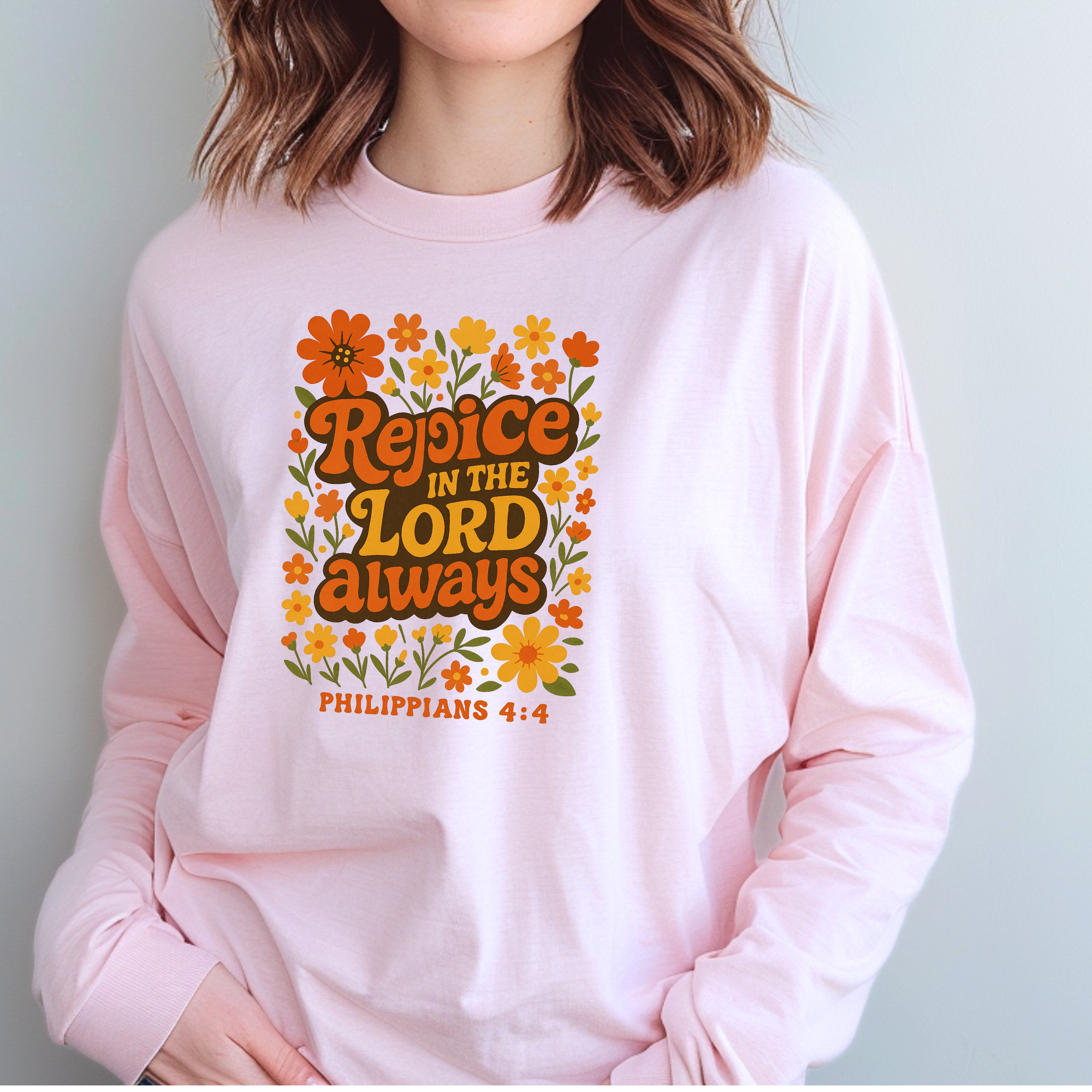 Love Ann Joy Apparel, LLC - Wholesale Screen Printed T-Shirt - Women's - Rejoice in the Lord Always Christian T-Shirt (Long-Sleeve)2