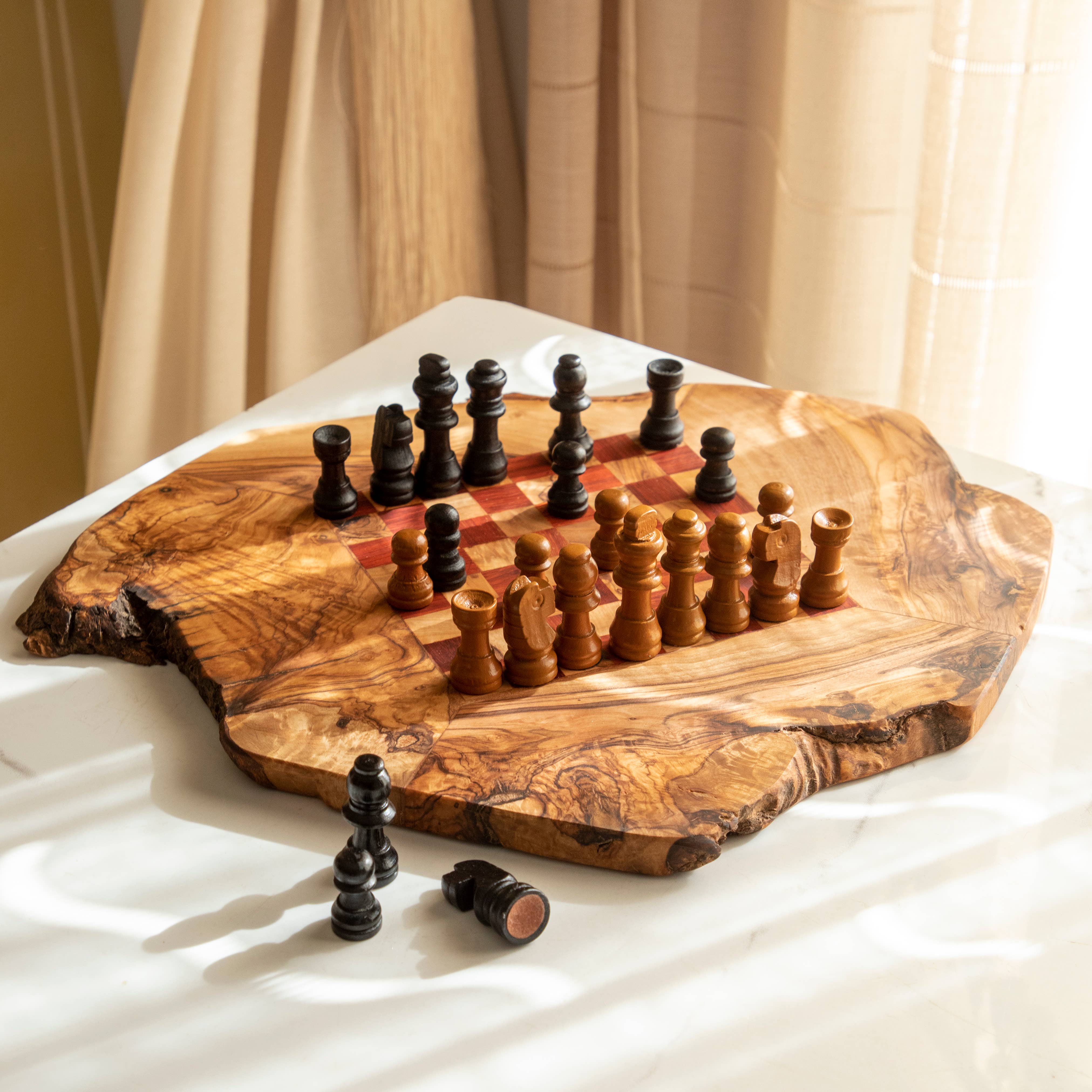 Krafts GmbH Olive Wood - Wholesale Board Game - Artisan Olive Wood Chess Set - Rustic Live Edge - Red7