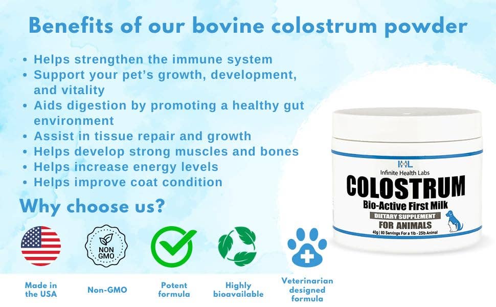Infinite Health Labs, LLC - Vendita all'ingrosso Integratori - Cani e gatti - Colostro Bovino Bio-Attivo per Animali Domestici3
