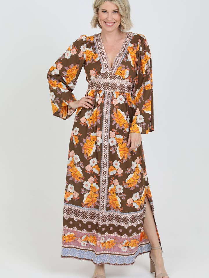 N4880-A903 V NECK WIDE SLEEVE MAXI DRESS for wholesale by Nostalgia