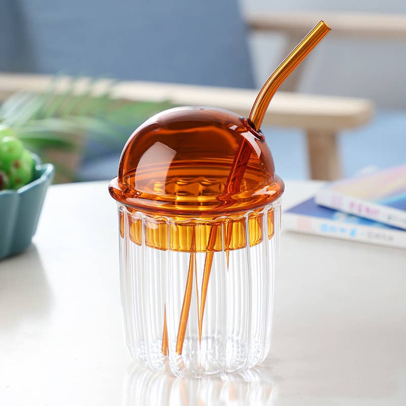 Our Dining Table - Wholesale Drinking Glass/Cup - Domed Colorful Glass Coffee Cup with Lid and straw2