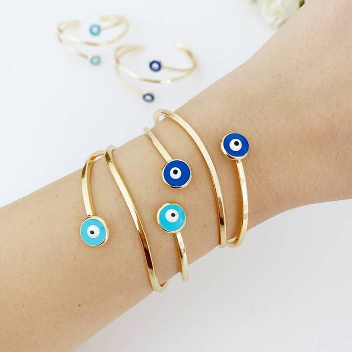 Evil Eye Cuff Bracelet, Gold Evil Eye Jewelry, Bangle Bracelet, Greek Evil Eye Bracelet for wholesale by Evileyefavor