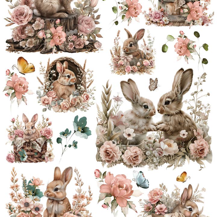 Floral Bunnies - Wet Transfer - Decals for Crafts for wholesale by European Excellency