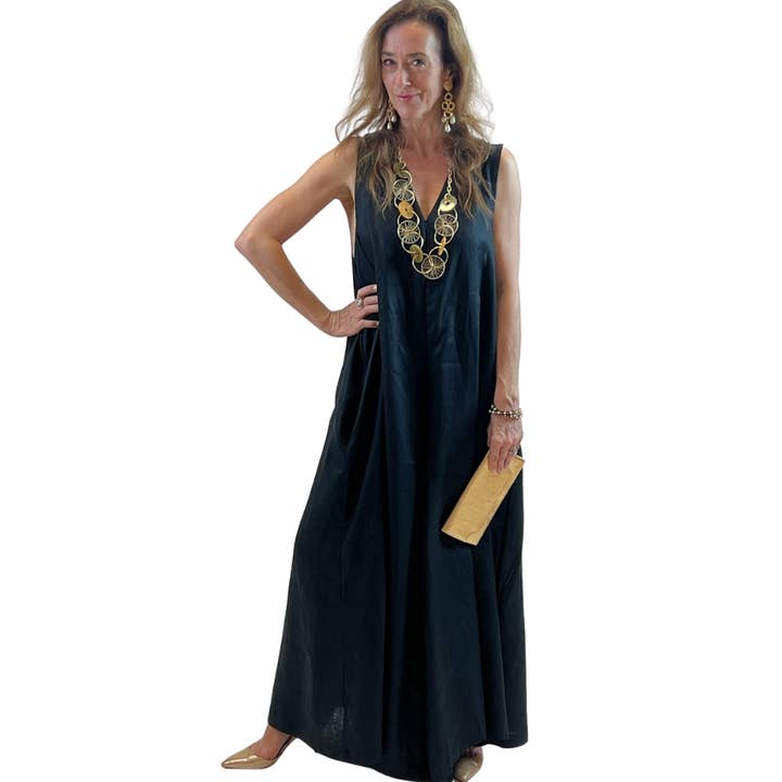 Dawn Bacchus - Wholesale Jumpsuit - Women's - Linen Maxi Romper, Sleeveless, Zip Back Closure