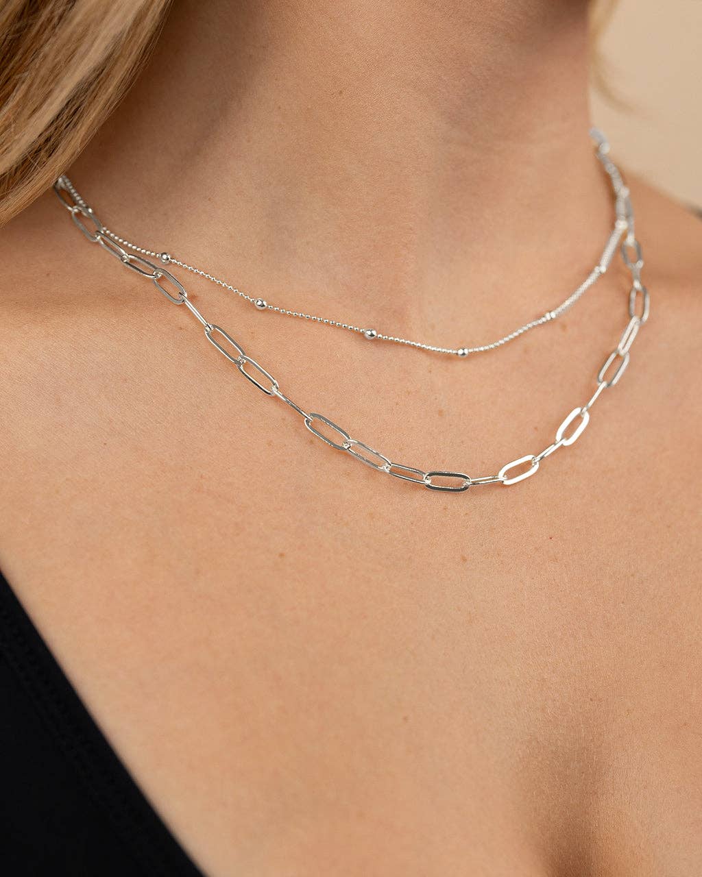 Sterling Forever - Wholesale Link & Chain Necklace - Leah Beaded & Paperclip Layered Chain Necklace2