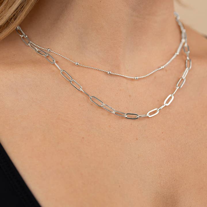 Sterling Forever - Wholesale Link & Chain Necklace - Leah Beaded & Paperclip Layered Chain Necklace2